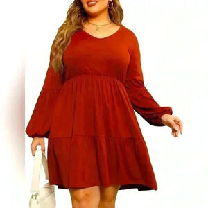 Celkuser Plus Size Long Lantern Sleeves Loose V-Neck Babydoll Dress with Pockets